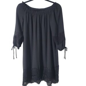 LOFT Women's Black Off the Shoulder 3/4 Sleeve Shift Dress Lace Hem Lined XS